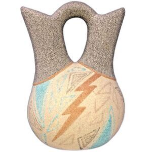 Native American Wedding Vase Double Spout Jug. Sand Cast Abstract 90s Pastel 9"